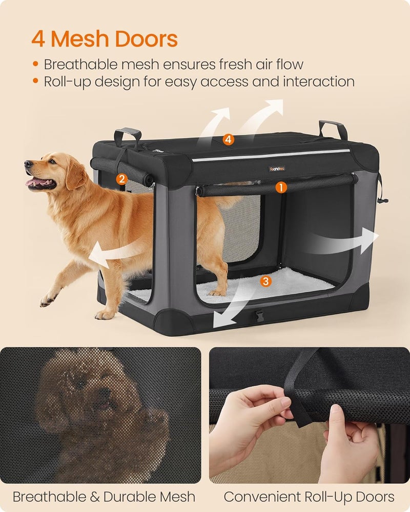 Feandrea Collapsible Dog Crate, 36-Inch Portable Dog Travel Crate for Large Dogs, Oxford Fabric Pet Carrier with 4 Mesh Doors, Handles, Storage Pocket, Water Bottle Holder, Ink Black - Image 3